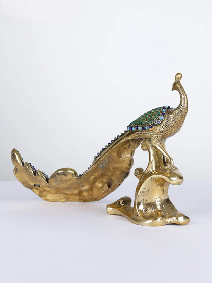 Brassaura® Brass Peacock Decorative Statue with Inlay Work | Pure Brass | Height 8.3 Inches & Weight 2.80 kgs