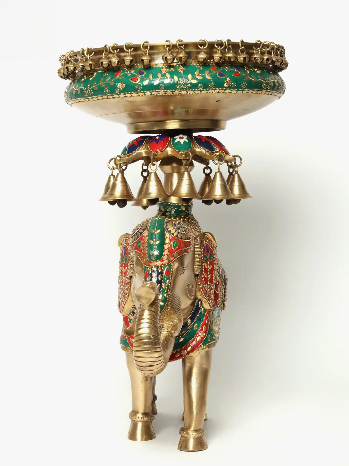 Brassaura® Royal Elephant Brass Urli with Inlay Work & Hanging Bells | Pure Brass | Height 20.7 Inches & Weight 18.35 kgs
