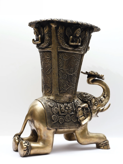 Brassaura® Brass Elephant Pedestal Decorative Statue | Handcrafted Brass | Height 21 Inches & Weight 24.05 kgs