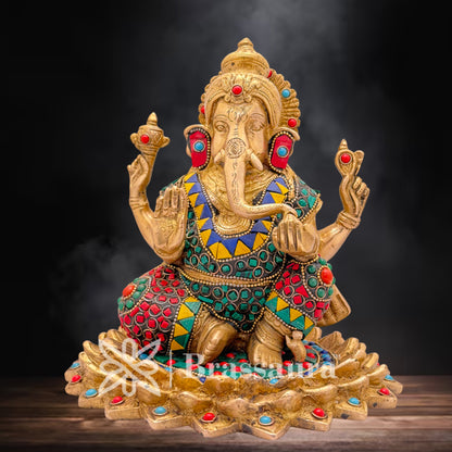 Brass Gem Stone Work Lotus Ganesha Idol for Home and Decor Weight 4.2 Kg Height 20 cm