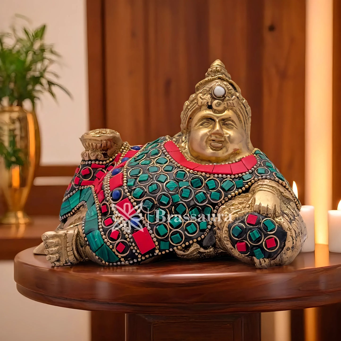 Brassaura™ Brass Gem Stone Work Kuber Idol – Height 4 Inches & Weight 1.2 Kgs | Divine Home & Pooja Sculpture