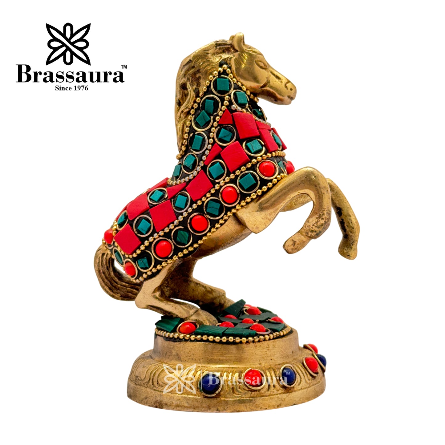 Brass Gem Stone Work Horse Idol for Home and Decor Weight .5 Kg Height 9 cm