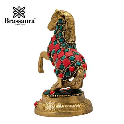 Brass Gem Stone Work Horse Idol for Home and Decor Weight .5 Kg Height 9 cm