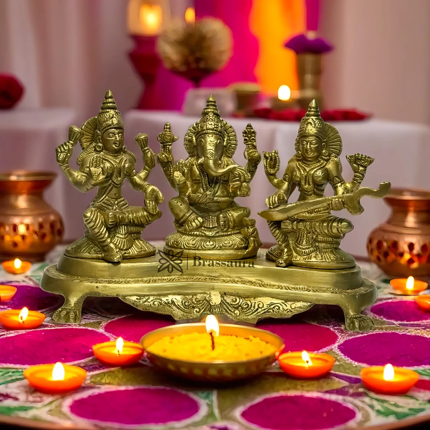 Brassaura™ Brass Laxmi Ganesha Saraswati Idol – Height 8 Inches & Weight 3.1 Kgs | Temple & Home Statue