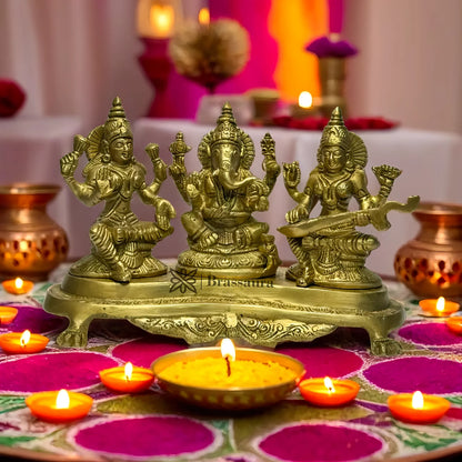 Brassaura™ Brass Laxmi Ganesha Saraswati Idol – Height 8 Inches & Weight 3.1 Kgs | Temple & Home Statue