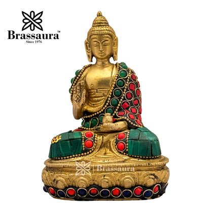 Brass Gem Stone Work Meditative Buddha Idol for Home and Decor Weight .8 Kg Height 13 cm