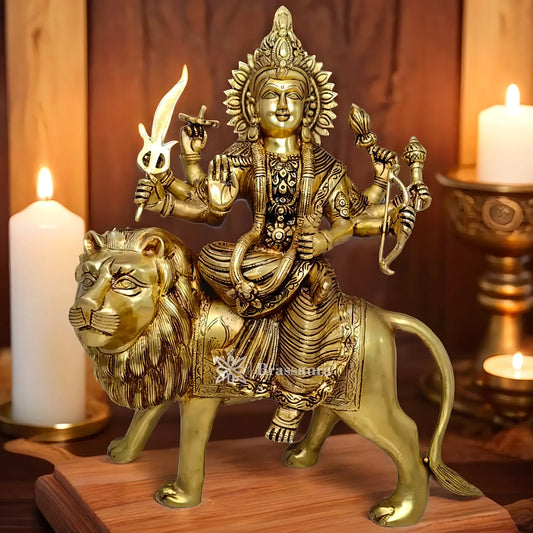 Brassaura™ Sherawali Mata Brass Murti – 12kg, 17-Inch – Intricately Carved Big-Size Idol with Antique Finish