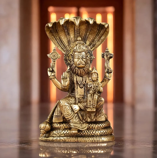 Brassaura™ Pure Brass Narasimha with Lakshmi Statue – 8 Inch Height, 2.2 kg Weight | Handcrafted Hindu Idol for Pooja & Home Decor