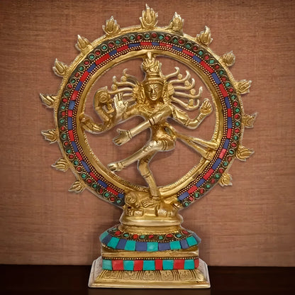 ब्रास्सोरा™ रत्न जड़ा काम किया हुआ गोल्डन फ़िनिश डांसिंग नटराज पीतल की मूर्ति | ऊंचाई 9.5 इंच और वज़न 1.7 किलोग्राम
