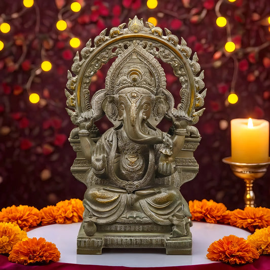 Brassaura™ Brass Ganesh Seated with Rat Frame – Green Antique Finish – Height 20 Inches, Weight 19.06 Kgs