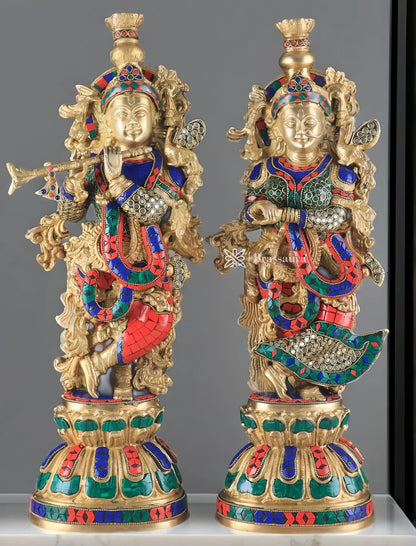 Brassaura™ Pure Brass Radha Krishna Statue with Rings & Natural Stones – Height 21 Inches & Weight 18 Kgs | Devotional Idol