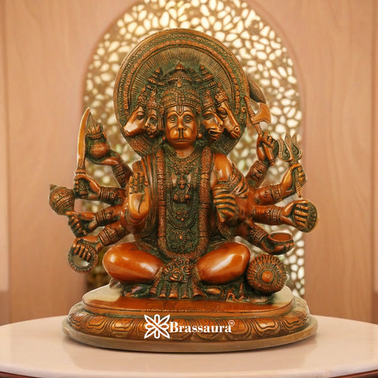 Brassaura™ Premium Brass Panchmukhi Hanuman Idol – Height 9.3 Inches & Weight 4.6 Kgs | Sacred Accent