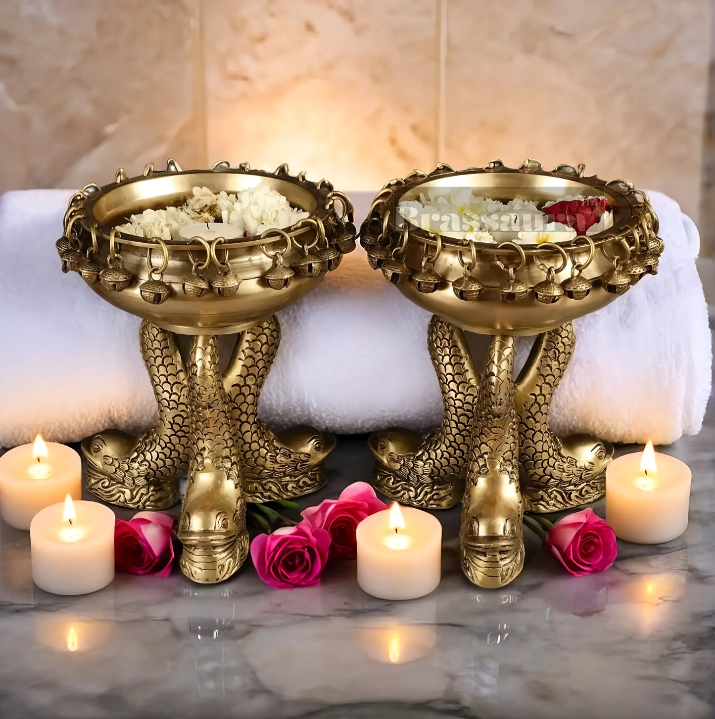 Brassaura™ Pure Brass Vastu Urli with Fish Legs – 4 kgs, 8 Inches Diameter – Prosperity & Positive Energy Home Decor
