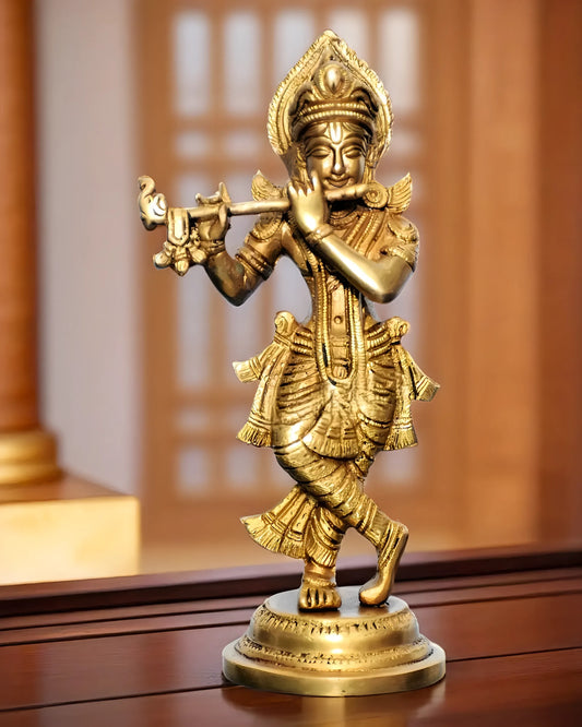 Brassaura™ Murlidhar Krishna Brass Idol | Fine Detailing & Antique Finish | Height 9 Inches & Weight 1.5 Kgs