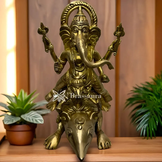 Brassaura™ Brass Golden Ganesha with Mouse Idol – Height 8.3 inches & Weight 3.65 kgs | Ganpati Murti for Pooja & Home Décor