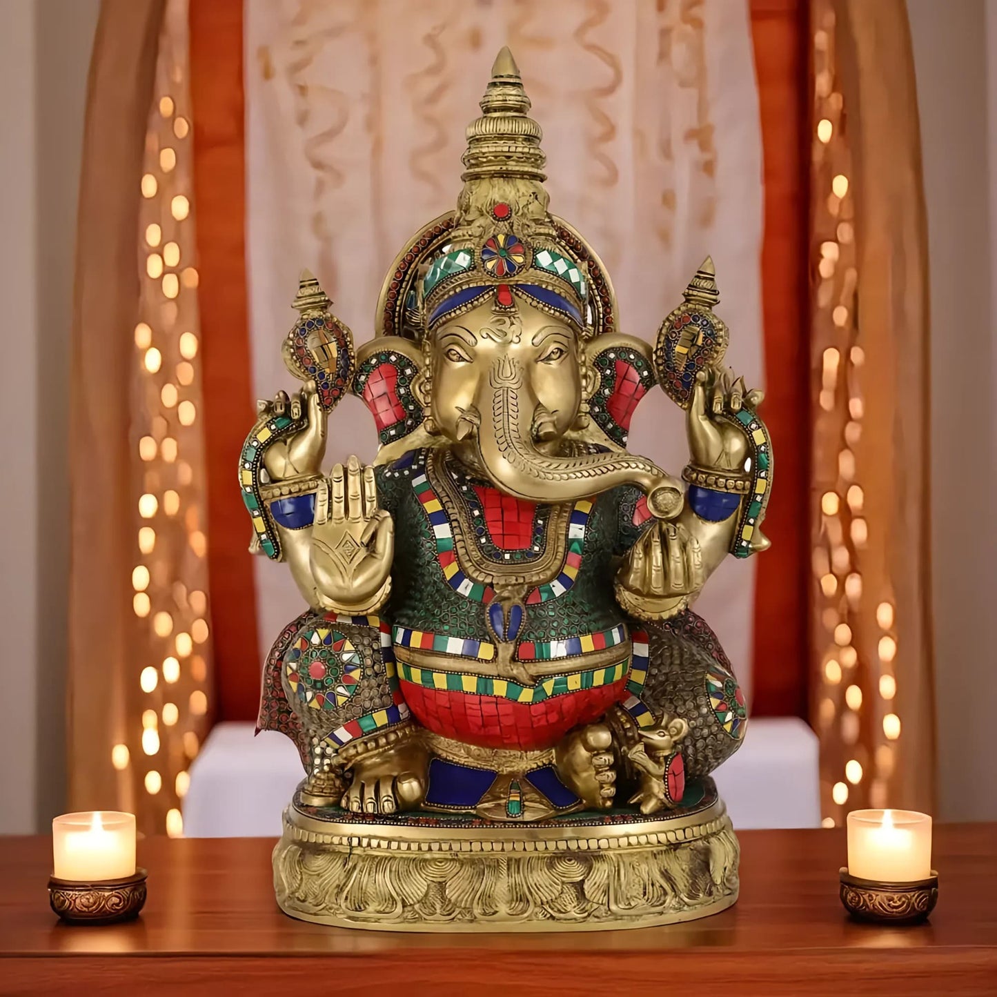 Brassaura™ Superfine Brass Surya Ganapathi Statue with Stonework | Height 20 Inches & Weight 23 Kgs