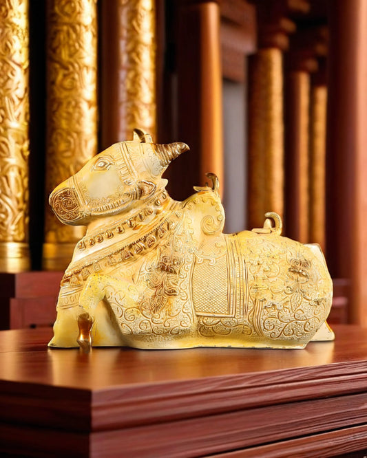 Brassaura™ Fully Carved Brass Nandi Statue with Shiv Lings – Height 8" & Weight 5.5 Kgs | Sand Finish