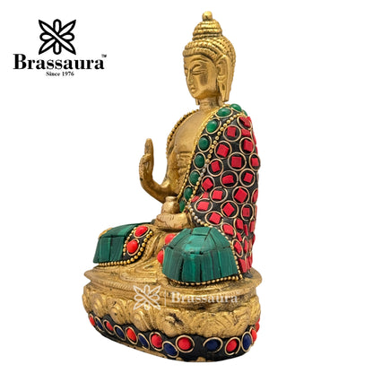 Brass Gem Stone Work Meditative Buddha Idol for Home and Decor Weight .8 Kg Height 13 cm