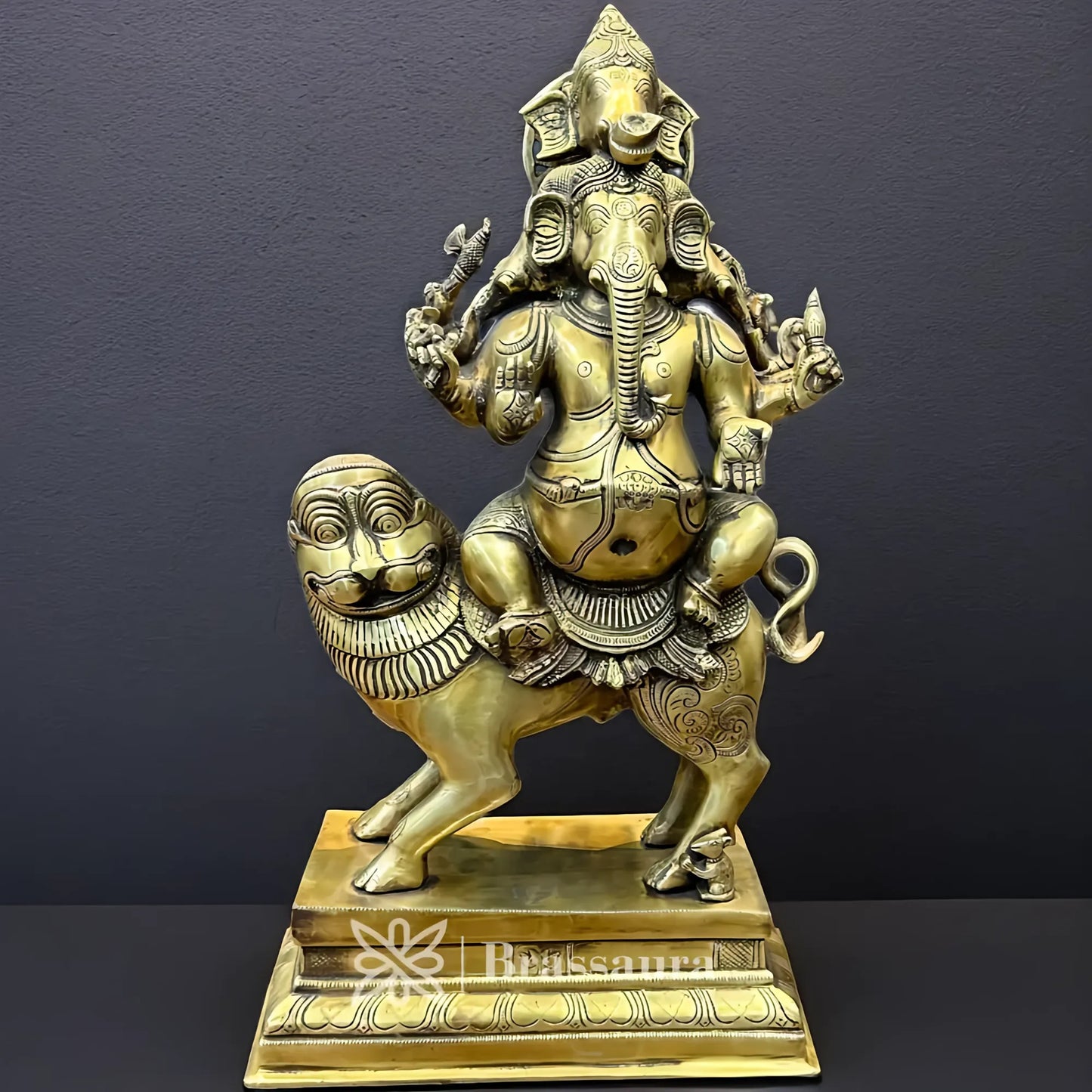 Brassaura™ Brass Ganesha & Lion Idol for Home and Decor | Weight 20.4 Kgs | Height 22.05 Inches
