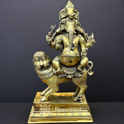 Brassaura™ Brass Ganesha & Lion Idol for Home and Decor | Weight 20.4 Kgs | Height 22.05 Inches