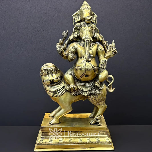 Brassaura™ Brass Ganesha & Lion Idol for Home and Decor | Weight 20.4 Kgs | Height 22.05 Inches
