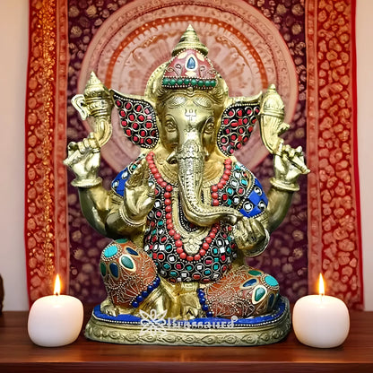 Brassaura™ Brass Ganesha Idol | Elegant Ganpati Statue for Home & Temple Décor | Height 9 Inches & Weight 4 Kgs