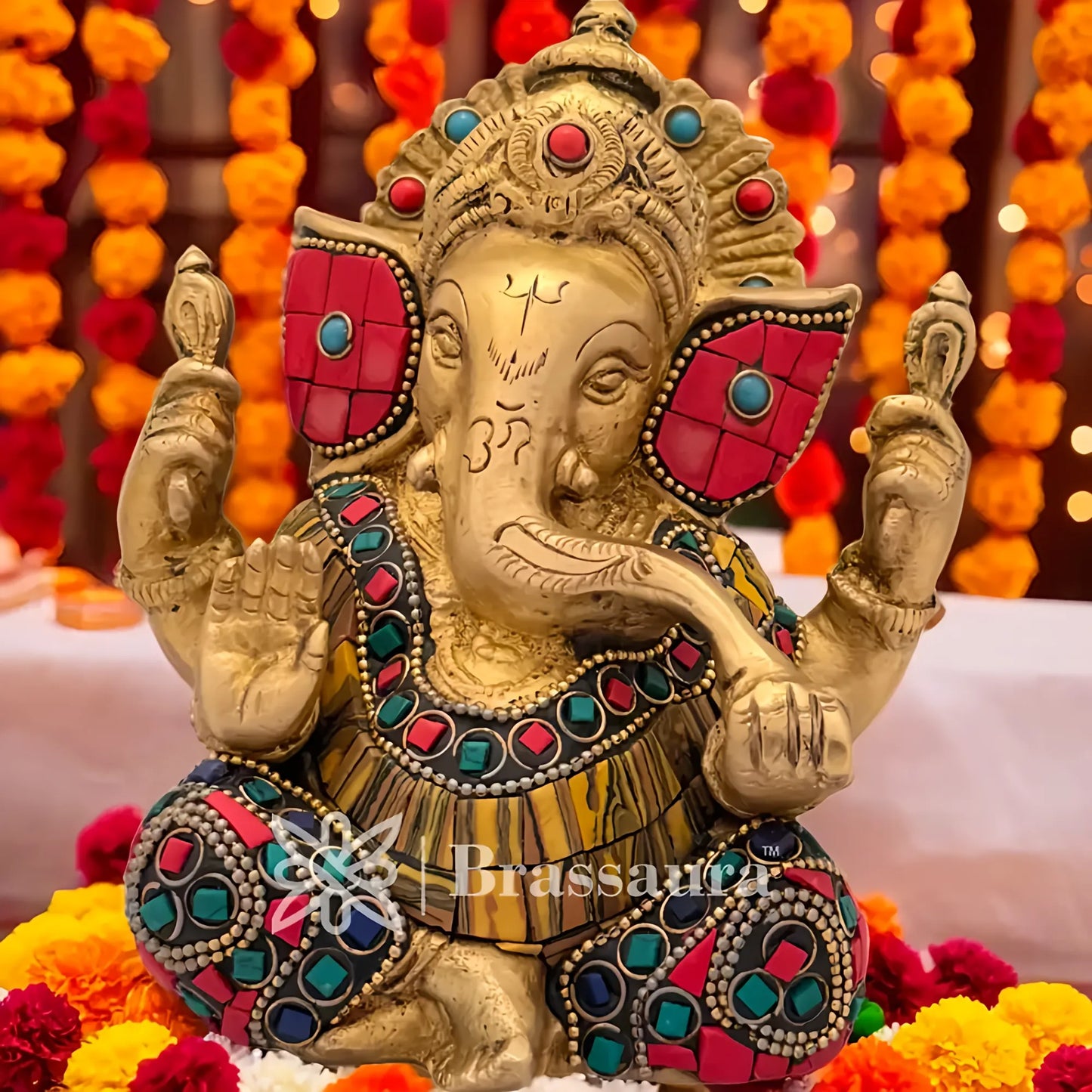Brassaura™ Brass Gem Stone Work Ganesha Idol for Home and Decor | Weight 1.6 Kgs | Height 5.5 Inches