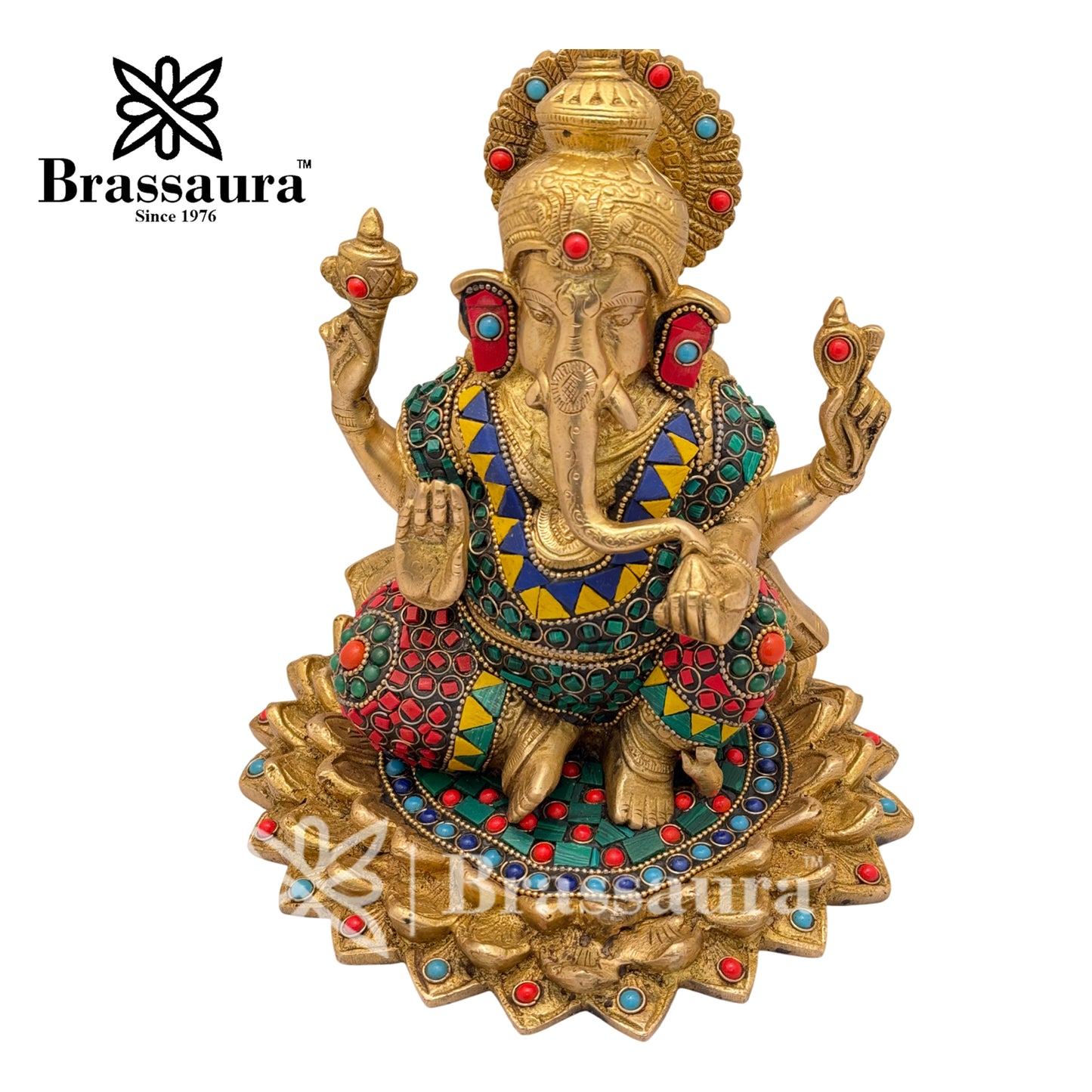 Brass Gem Stone Work Lotus Ganesha Idol for Home and Decor Weight 4.2 Kg Height 20 cm