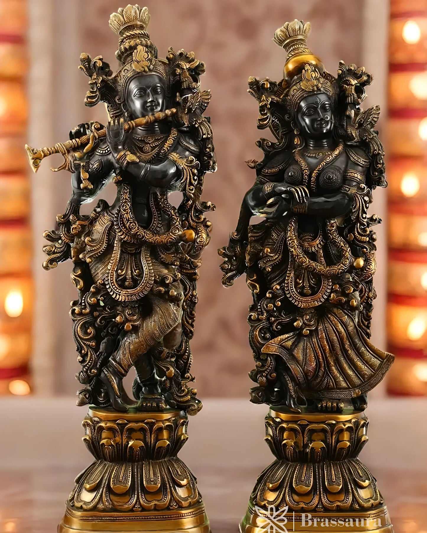 Brassaura™ Handmade Brass Radha Krishna Idol Pair with Black & Golden Finish – Height 29 Inches & Weight 32 Kgs | Devotional Statue