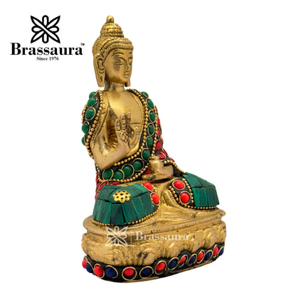 Brass Gem Stone Work Meditative Buddha Idol for Home and Decor Weight .8 Kg Height 13 cm