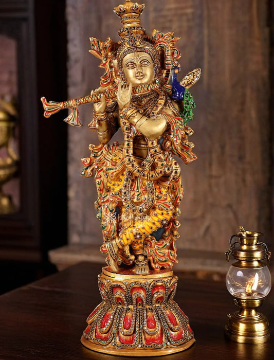 Brassaura™ Brass Krishna Statue with Natural Stones – Height 21" | Weight 9 Kgs