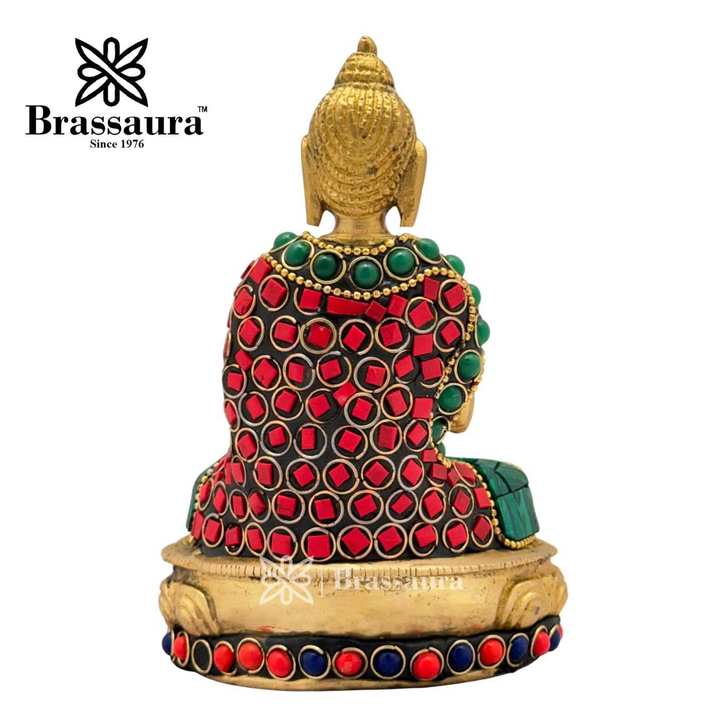 Brass Gem Stone Work Meditative Buddha Idol for Home and Decor Weight .8 Kg Height 13 cm