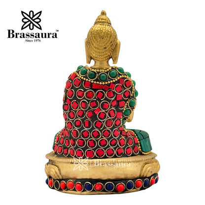 Brass Gem Stone Work Meditative Buddha Idol for Home and Decor Weight .8 Kg Height 13 cm