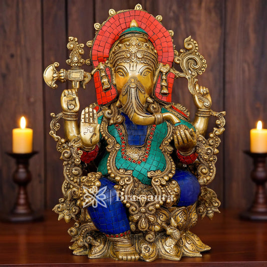 Brassaura™ Brass Gem Stone Work Jewellery Ganesha Idol for Home and Decor | Weight 13.5 Kgs | Height 16 Inches