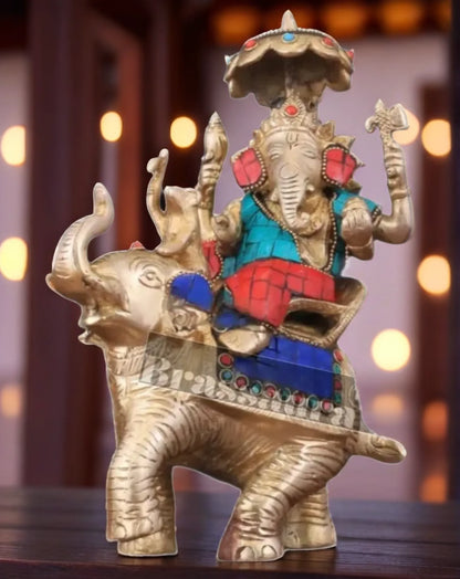 Handcrafted Brass Ganesha on Ambari with Meenakari Stonework – Height 9.5 Inches, Weight 3 Kgs