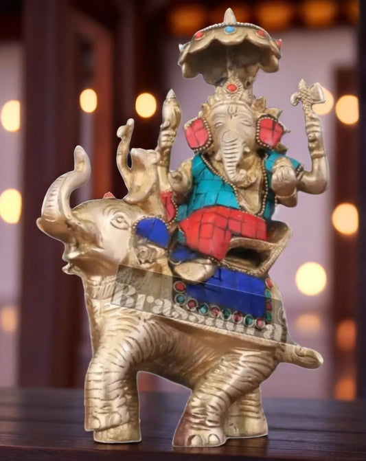 Handcrafted Brass Ganesha on Ambari with Meenakari Stonework – Height 9.5 Inches, Weight 3 Kgs