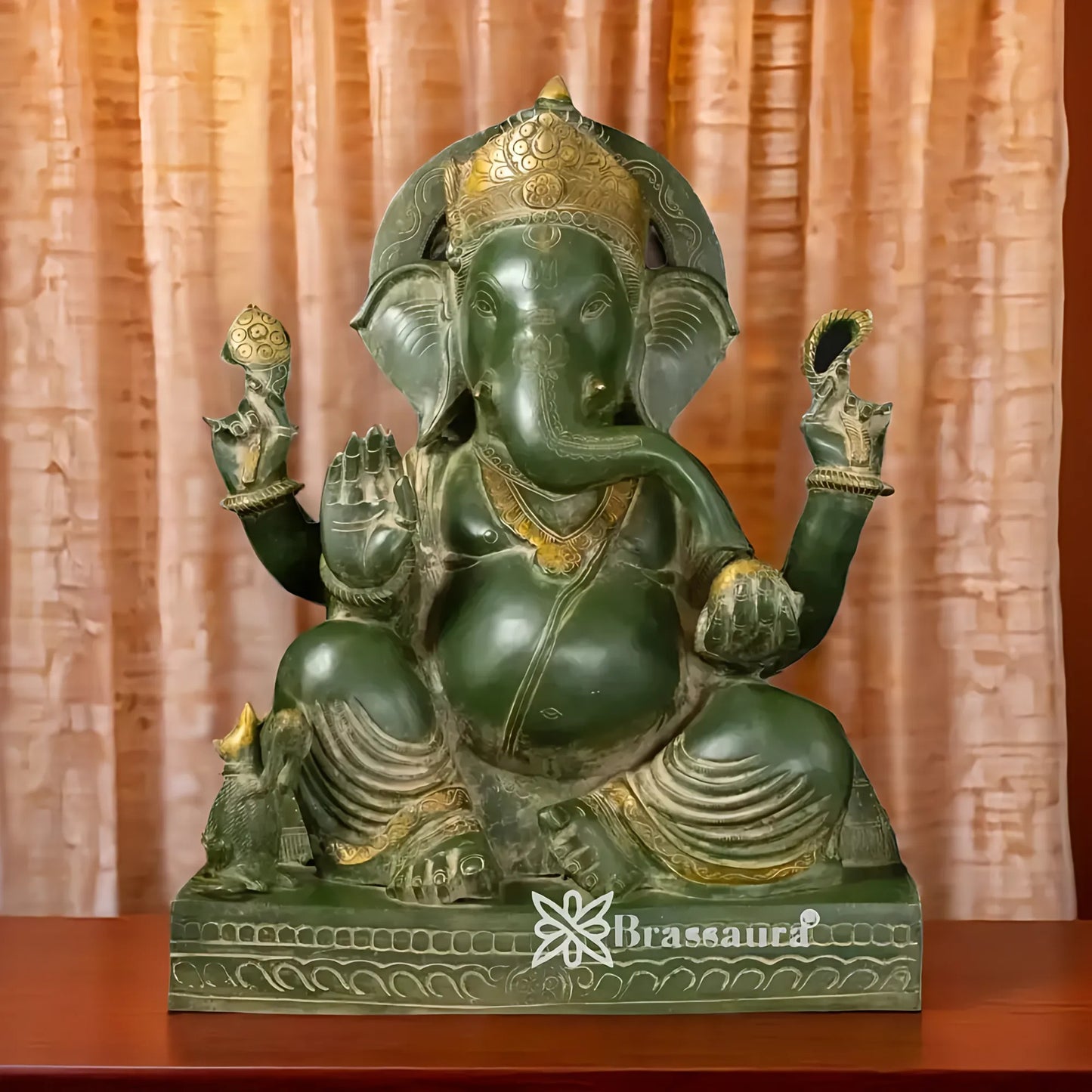 Brassaura™ Brass Gem Stone Work Ganesha Idol | Height 20 Inches & Weight 27.8 Kgs