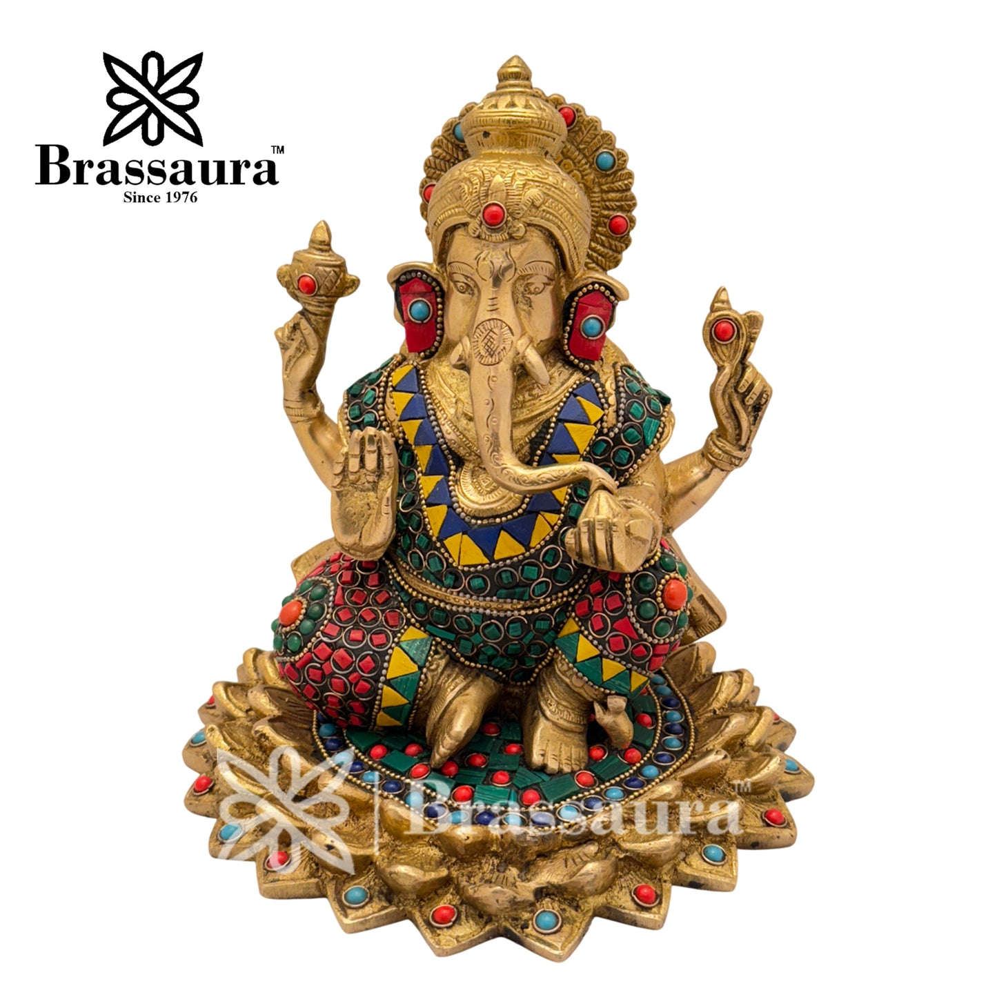 Brass Gem Stone Work Lotus Ganesha Idol for Home and Decor Weight 4.2 Kg Height 20 cm