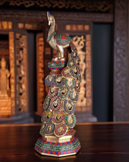 Brassaura™ Brass Large Peacock Showpiece with Meenakari Work – Height 20 Inches & Weight 8.5 Kgs