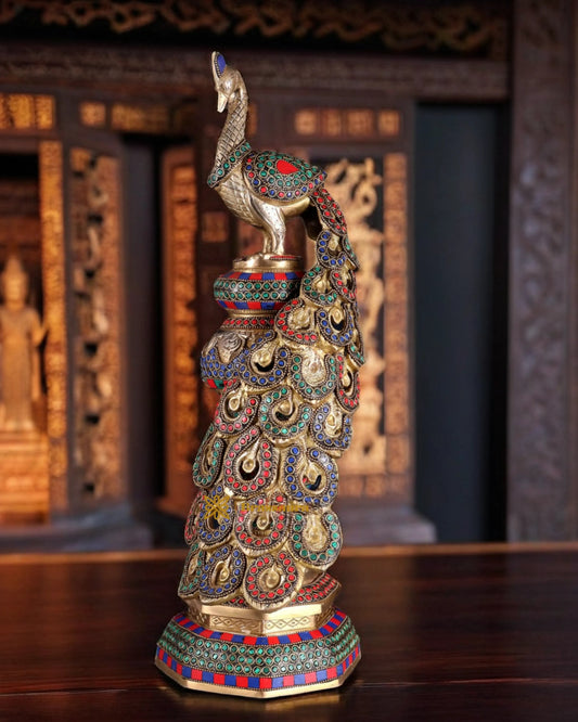 Brassaura™ Brass Large Peacock Showpiece with Meenakari Work – Height 20 Inches & Weight 8.5 Kgs