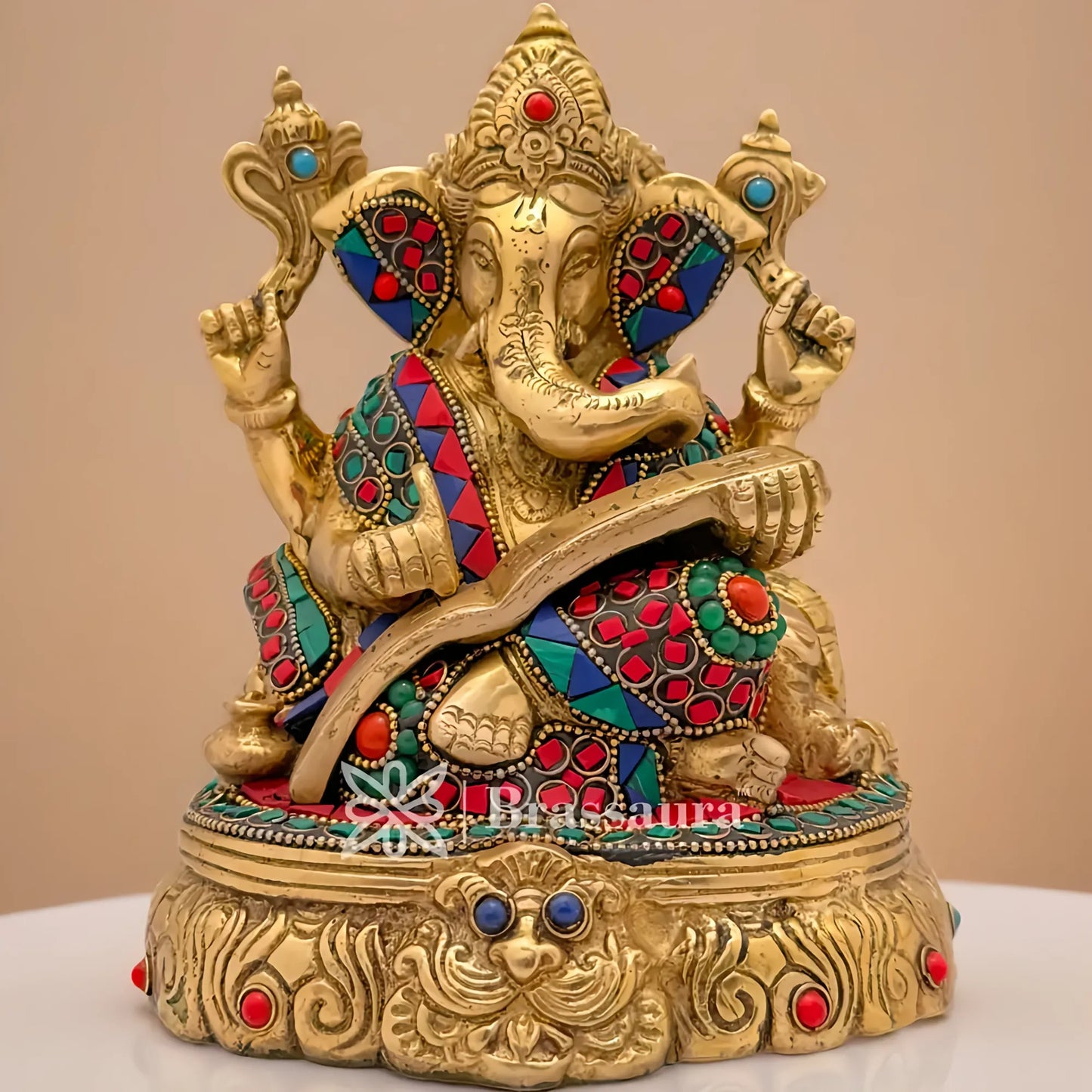 Brassaura™ Brass Gem Stone Work Ganesh Mahabharat Idol for Home and Decor | Weight 3 Kgs | Height 7.48 Inches