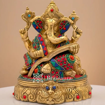 Brassaura™ Brass Gem Stone Work Ganesh Mahabharat Idol for Home and Decor | Weight 3 Kgs | Height 7.48 Inches