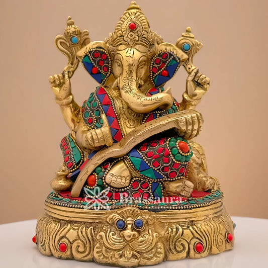 Brassaura™ Brass Gem Stone Work Ganesh Mahabharat Idol for Home and Decor | Weight 3 Kgs | Height 7.48 Inches