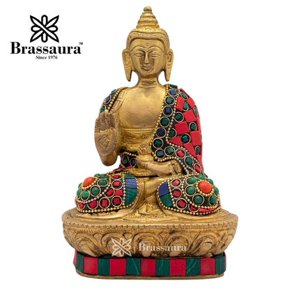 Brass Gem Stone Work Meditative Buddha Idol for Home and Decor Weight 1.1 Kg Height 18 cm