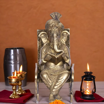 Brassaura™ Brass Chair Ganesha Statue | Height 15.5 Inches & Weight 12.5 Kgs