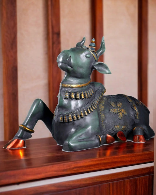Brassaura™ Antique Large Brass Nandi Sculpture – Height 21.5" & Weight 30 Kgs | Pichwai & Rustic Green Patina Finish