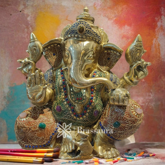 Brassaura™ Brass Gem Stone Work Ganesha Statue for Home and Decor | Weight 12.2 Kgs | Height 16 Inches
