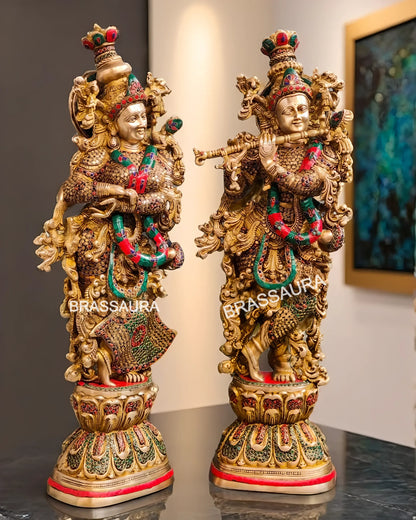 Brassaura™ Brass Gem Stone Work Radha-Krishna Statue – Height 29 Inches & Weight 34 Kgs | Spiritual Home Accent