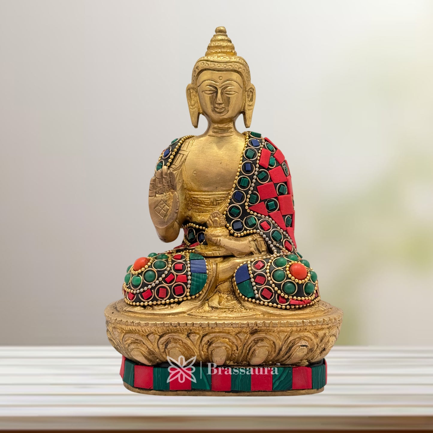 Brass Gem Stone Work Meditative Buddha Idol for Home and Decor Weight 1.1 Kg Height 18 cm