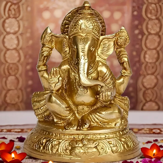 Brassaura™ Brass Gold Ganesha Murti – Height 5.91 inches & Weight 1.25 kgs | Traditional Ganpati Murti for Home & Pooja Room